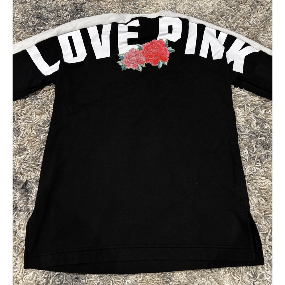 VICTORIA'S SECRET PINK FLORAL ROSE LACE UP‎ VARSITY CREW PULLOVER SWEATSHIRT XS